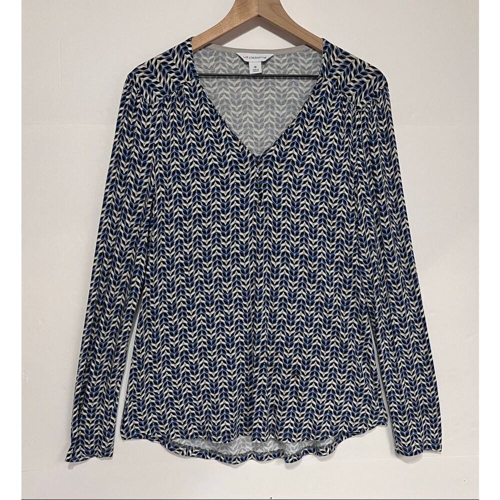 Liz Claiborne Black,Blue And Tan Geometric Shapes Long Sleeve Top   Size M